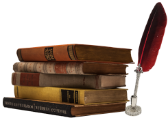 Livros e uma pena. Imagem: Livros - Pixabay_user KaosShorts (com alterações) e pena do Pixabay_User Bru-nO (com alterações).